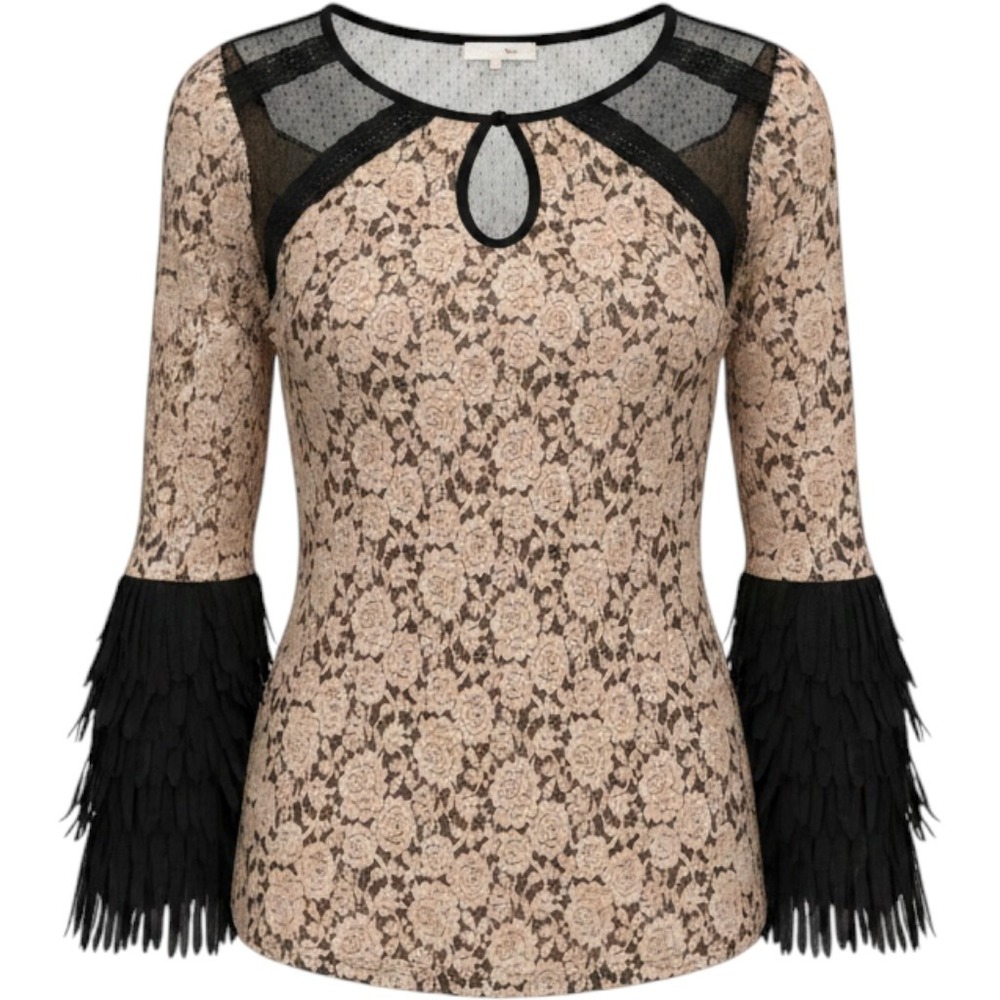 Ryu Floral Lace Blouse Beige Black Fringe Cuff Romantic Boho Womens 14/16